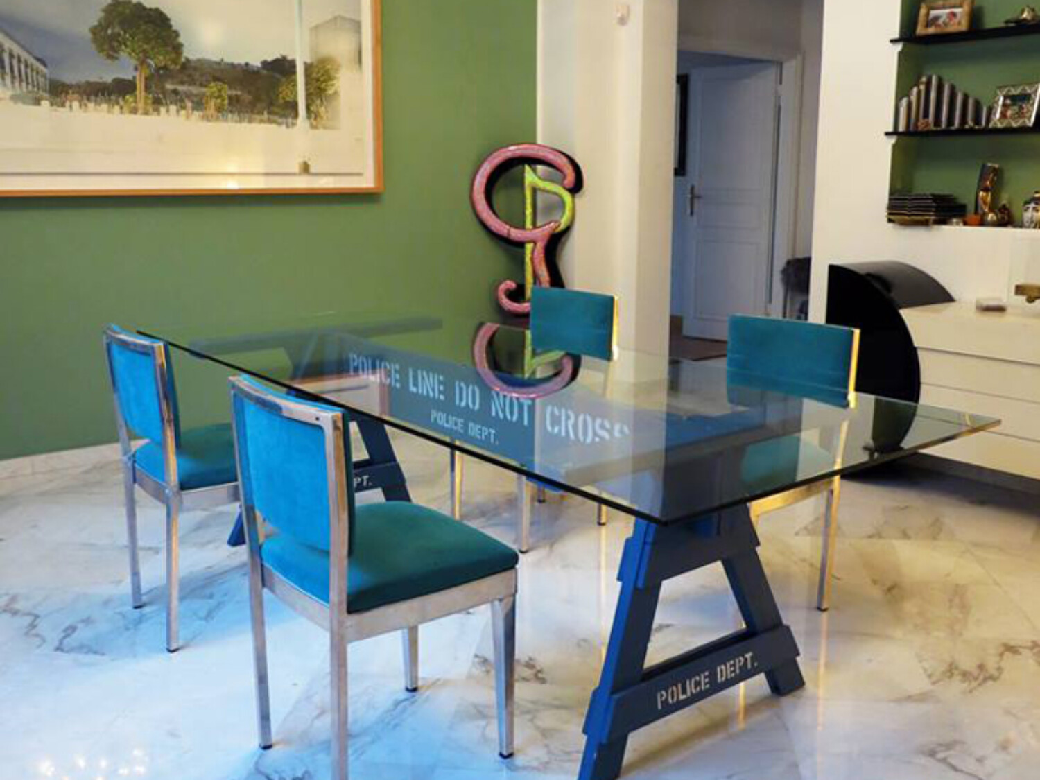 Police barricade table. Carlo Sampietro