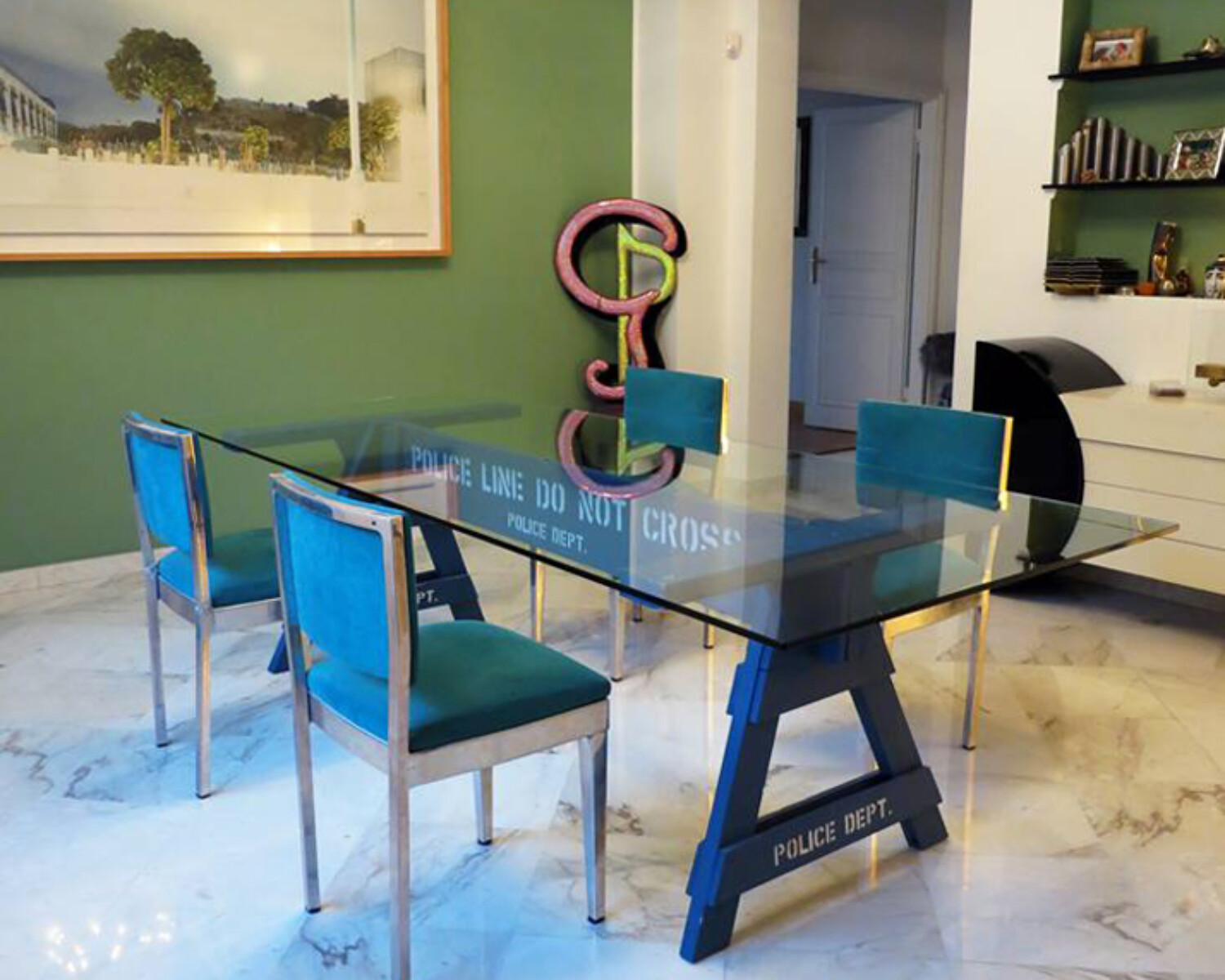 Police barricade table. Carlo Sampietro