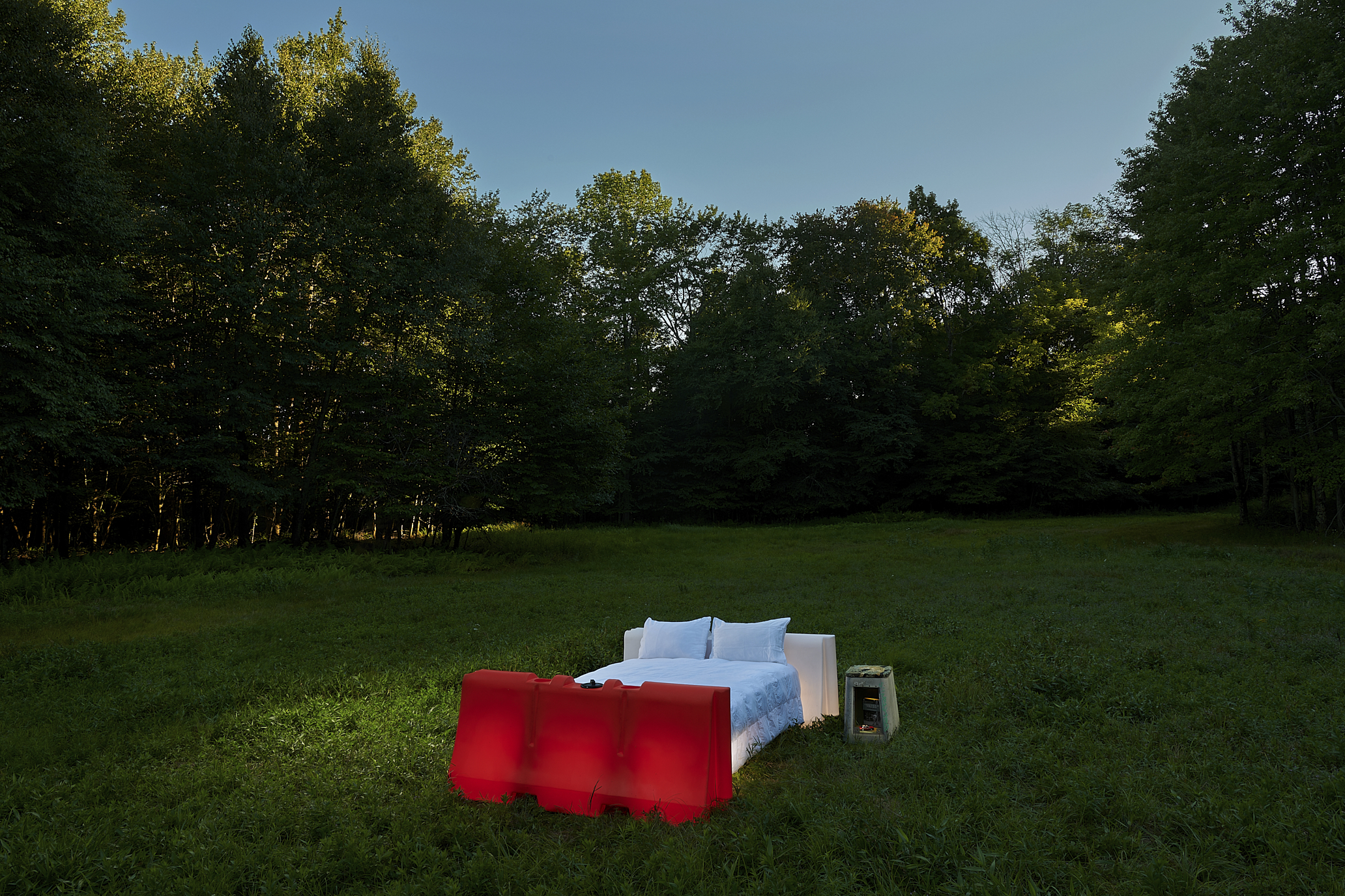 A bed in a grassy area with trees in the background. Carlo Sampietro